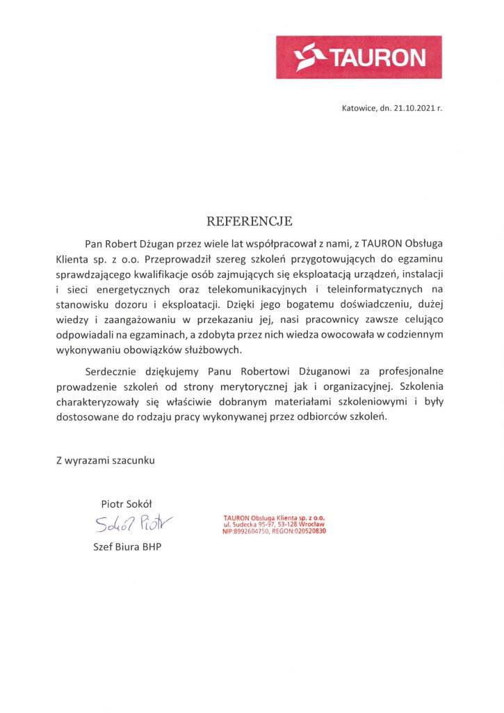 Referencje TAURON Wrocław_Energochron Szkolenia Energetyka 2021